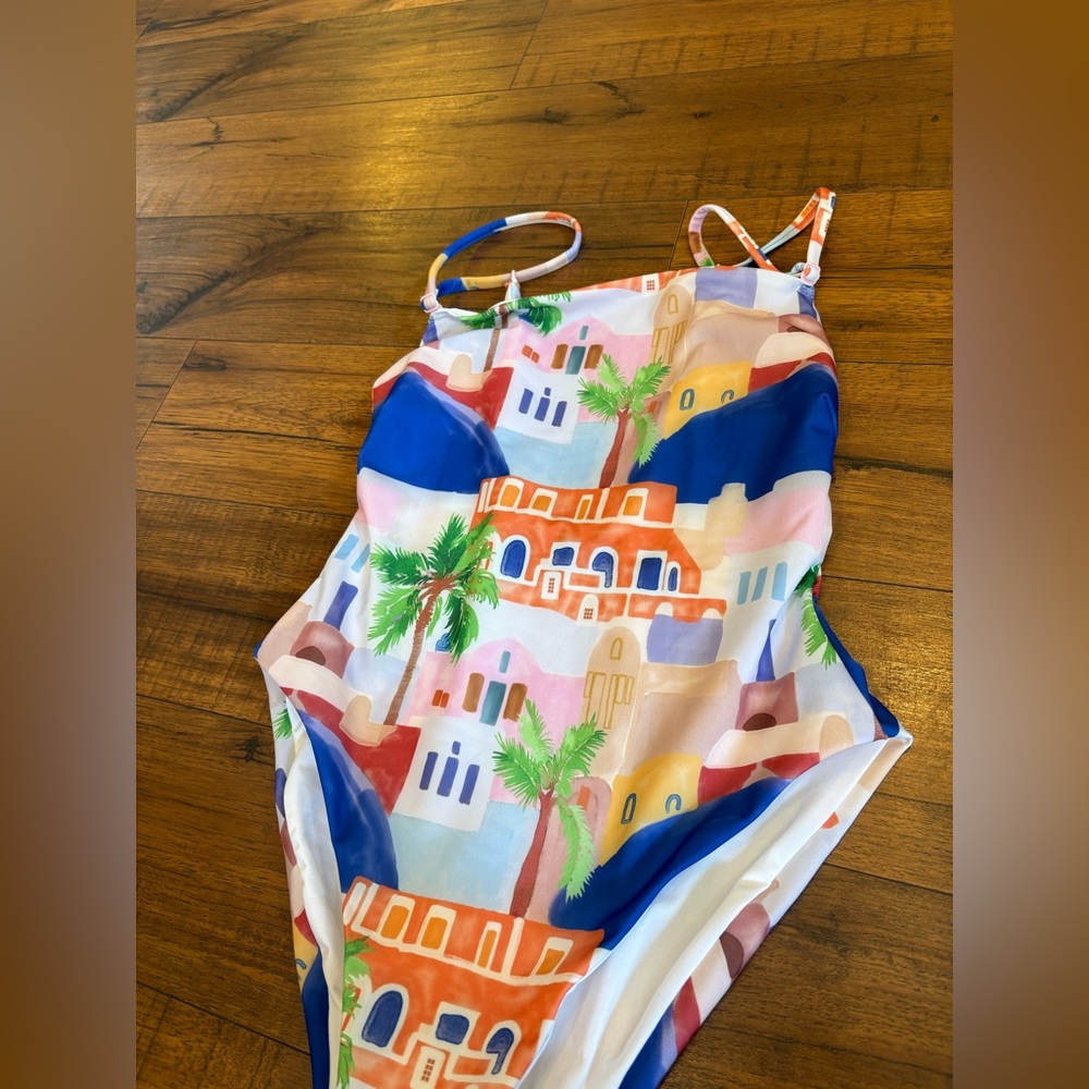 ASOS Square Neck Swimsuit Mykonos Print One Peice Beach Size 6 Medium NWOT - Picture 2 of 6